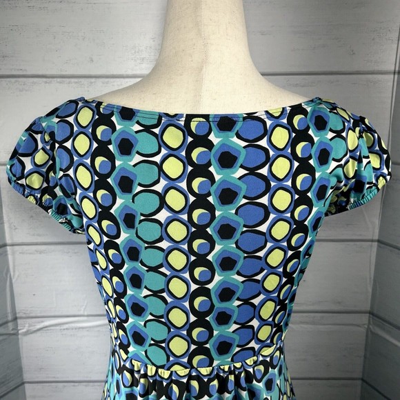 AGB Shift Dress Short Sleeve Lined Geometrical Circle Blue Yellow Size 12 Petite - Picture 6 of 12